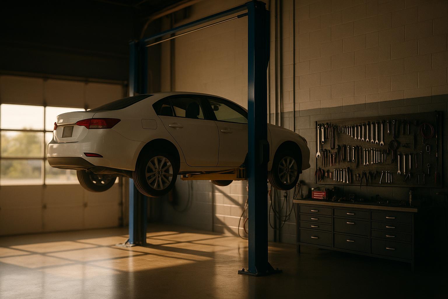 Technician working under a vehicle on a lift inside the Riverside Auto Repair service bay